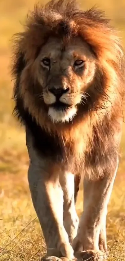 Majestic lion standing in a golden field with a flowing mane.