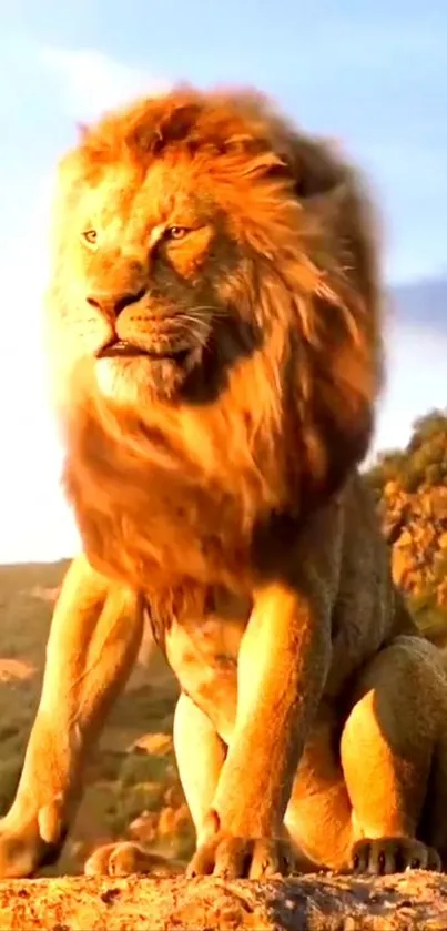 Majestic lion in golden sunlight on a rocky landscape.