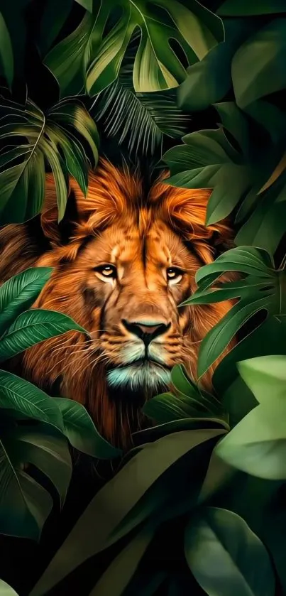 Lion hidden among lush green jungle leaves.