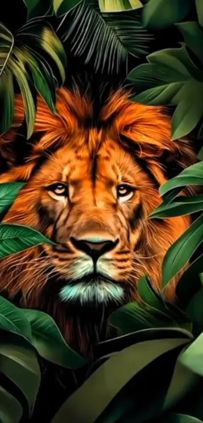 A majestic lion surrounded by lush jungle foliage.