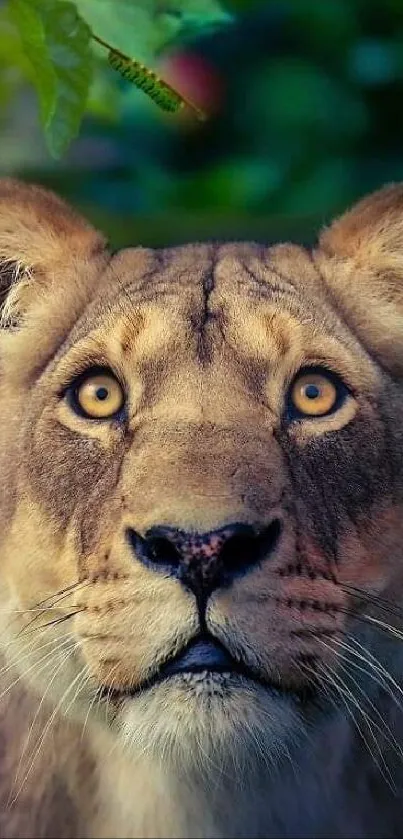 Close-up of a lion with lush greenery in the background.