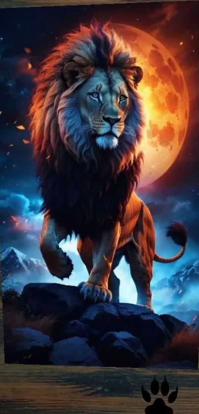 Majestic lion standing against a vibrant moonlit sky.