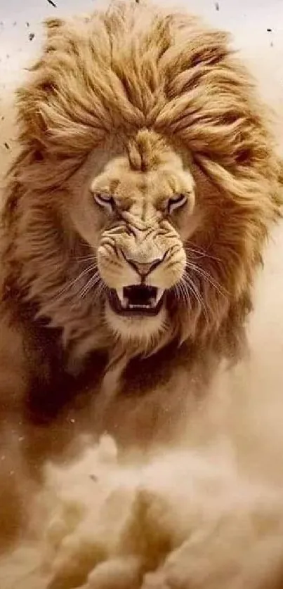 Majestic lion charging through dusty landscape, showcasing power and grace.