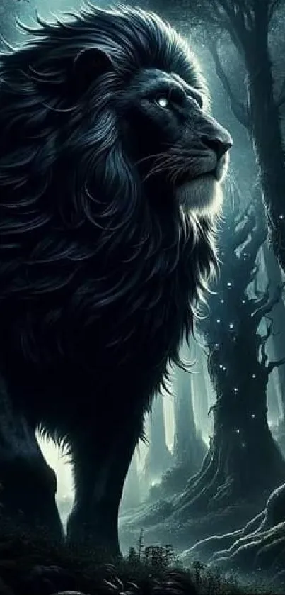 Majestic lion stands in mystical forest, glowing in ethereal moonlight.