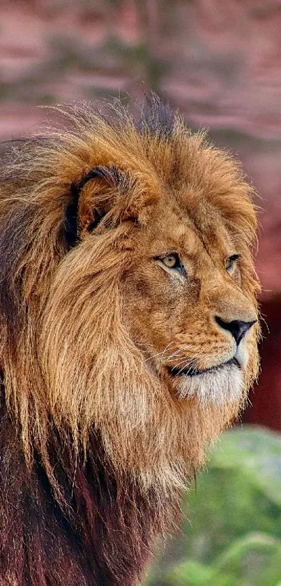 Majestic lion with a flowing mane in natural habitat, perfect for mobile wallpaper.