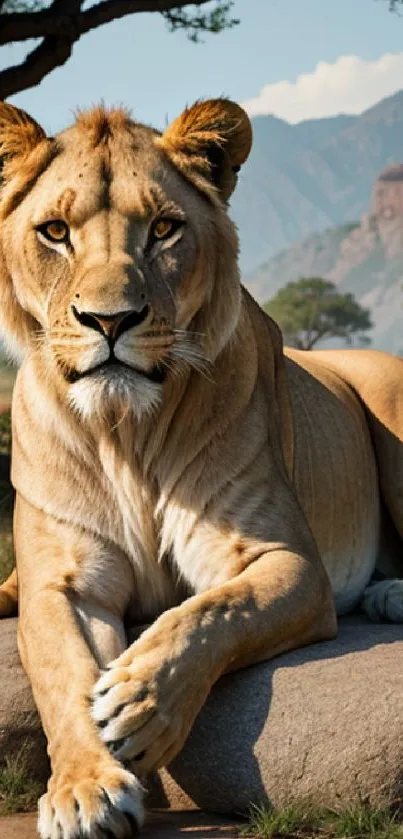 A majestic lion resting on a rock with mountains in the background.