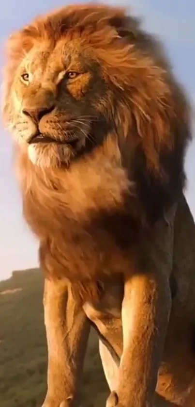 Majestic lion standing tall in a natural savannah landscape.