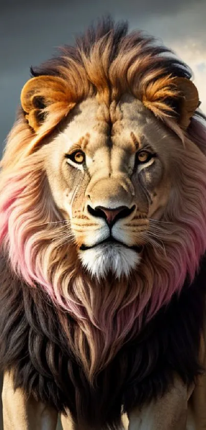 Majestic lion with colorful mane in natural setting.