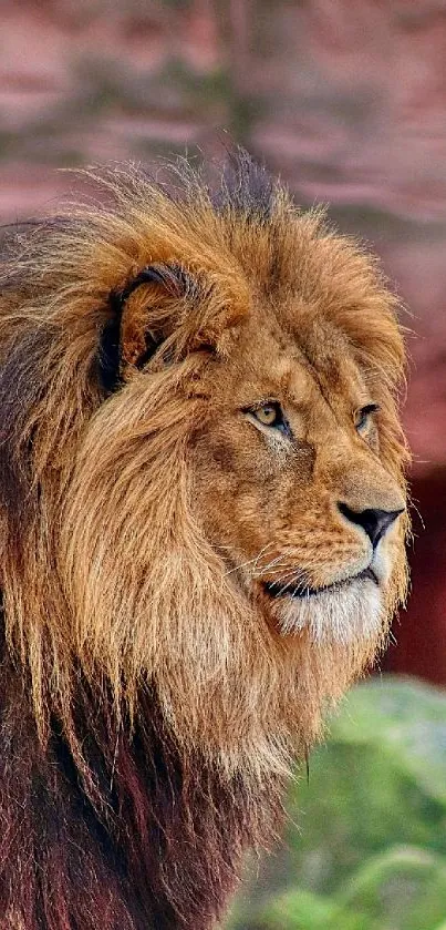 Majestic lion with lush mane in a natural habitat, perfect for mobile wallpaper.