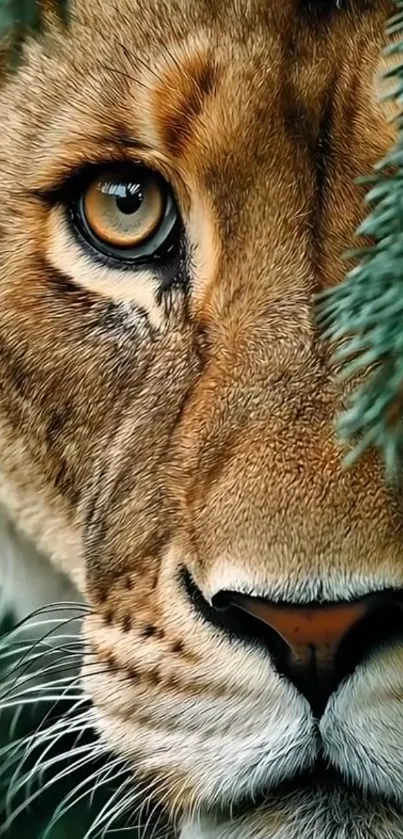 Close-up of a lion in nature with green foliage.
