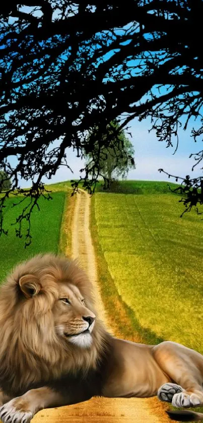 Majestic lion on a field beneath a tree, with a vibrant landscape.