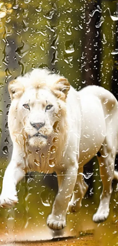 White lion dashes through raindrops in forest wallpaper.