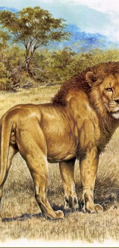 Illustrated majestic lion in the savannah.