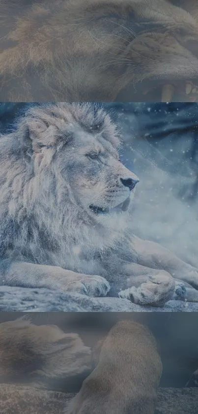 Majestic lion resting in a snowy landscape, exuding tranquility and strength.