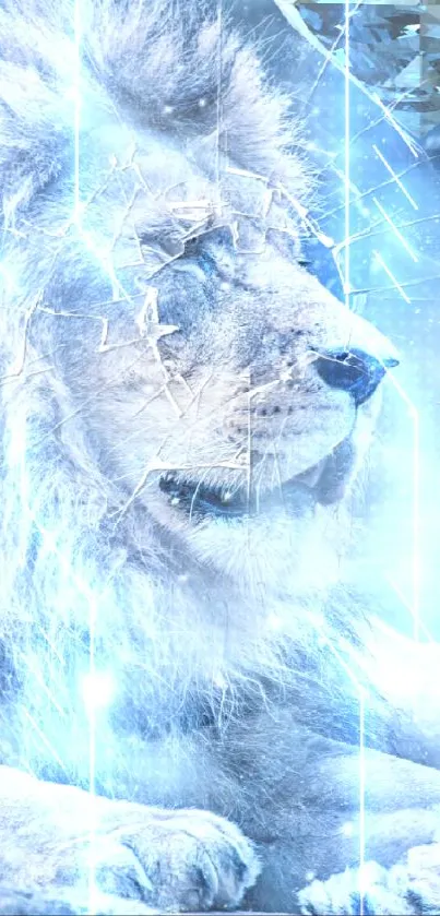 A majestic lion rests in a snowy landscape with an artistic diamond overlay.