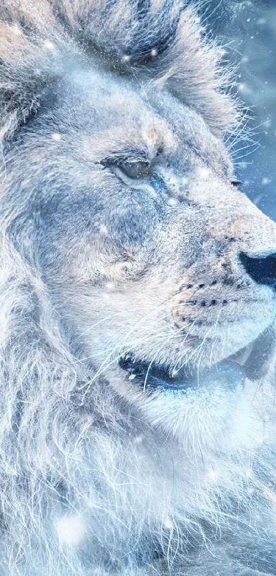 Majestic lion lying in a snowy landscape, exuding serenity.