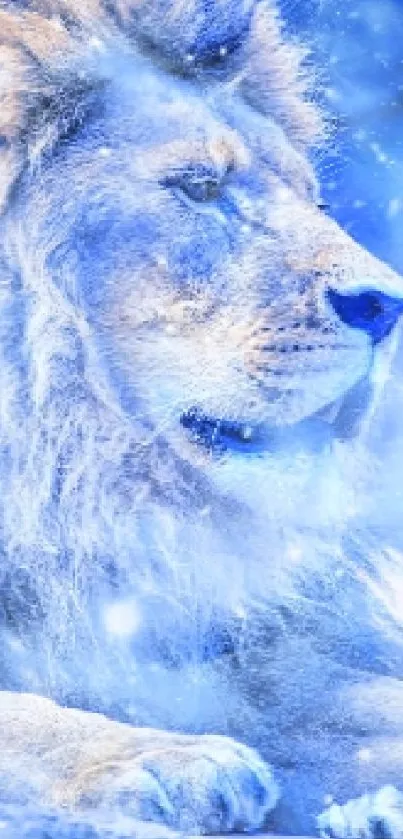 Serene lion resting in a snowy blue landscape.