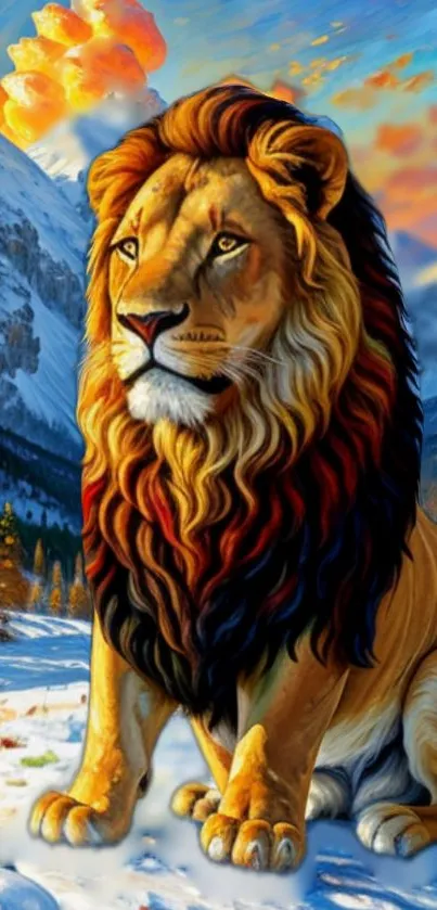 Majestic lion sits confidently in snowy mountain landscape with colorful sunset.