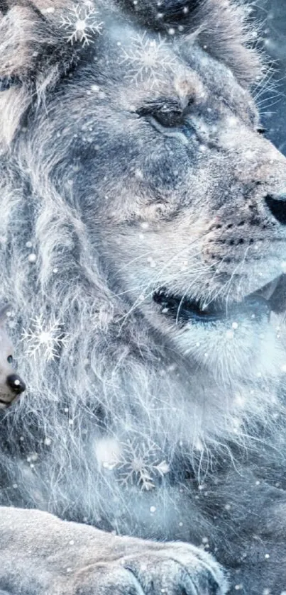 Majestic lion and wolf in a snowy landscape mobile wallpaper.