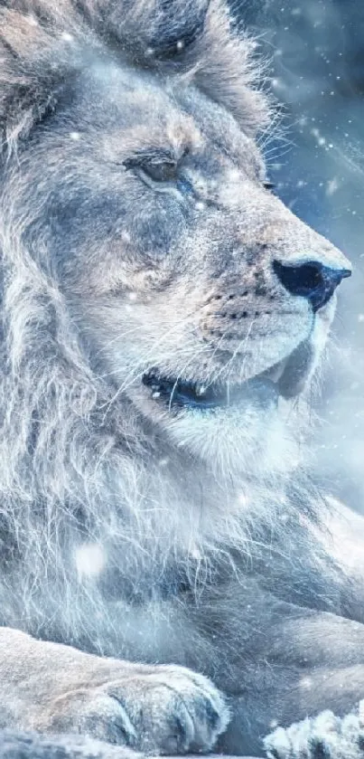 A majestic lion rests in a snow-covered landscape, exuding serene grace.