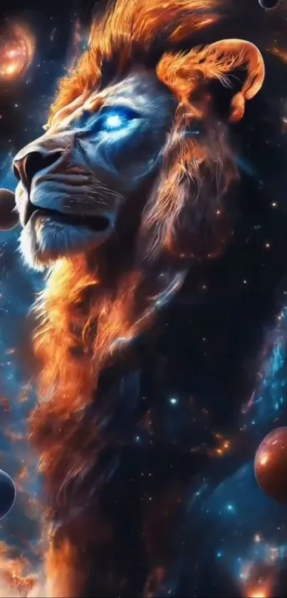 Fiery lion with cosmic background wallpaper.