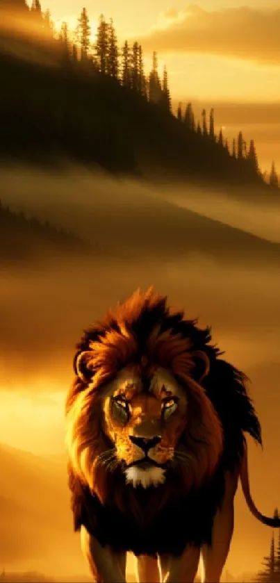 Majestic lion walking in a golden sunset landscape.