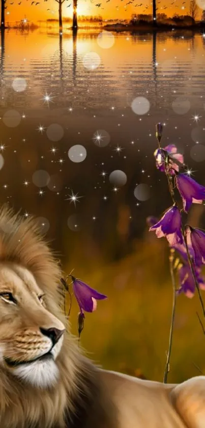 Lion resting in a sunlit field with a sunset and purple flowers.