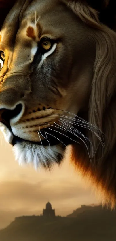 Majestic lion's profile against a sunset background.