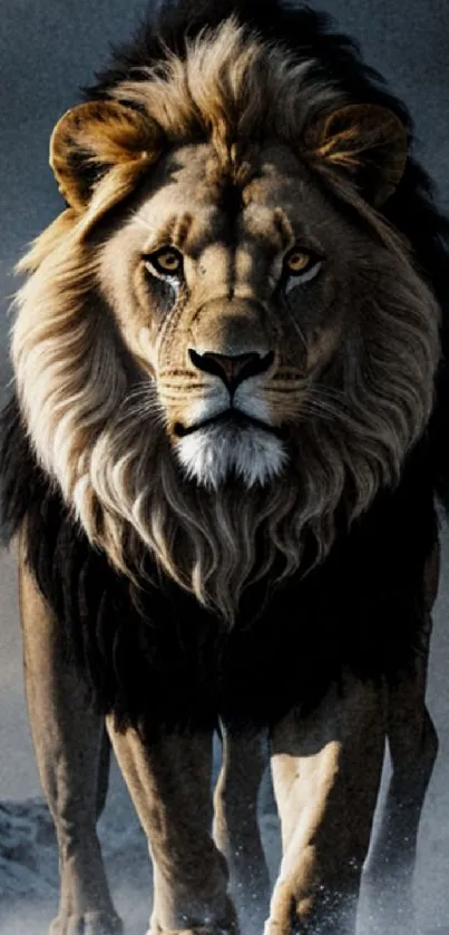 Majestic lion walking in snow, dark gray sky.