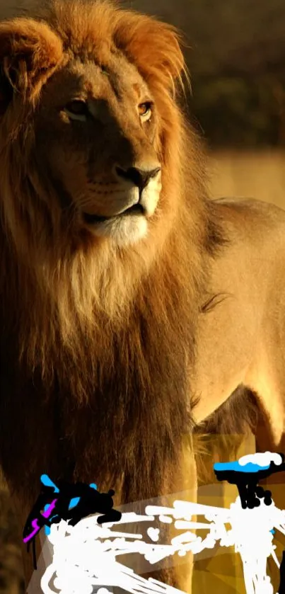 Majestic lion standing gracefully in the wild, captured in serene golden tones.