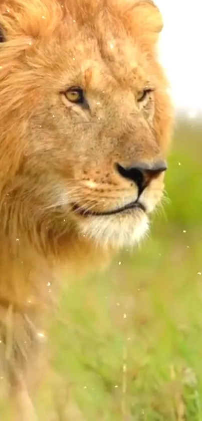 Majestic lion in natural savanna setting, showcasing regal beauty and wildlife.