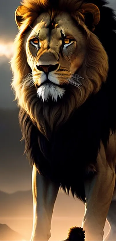 Majestic lion under twilight sky in stunning digital art wallpaper.