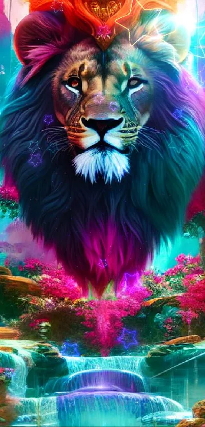 Majestic lion head in vibrant, surreal jungle wallpaper.