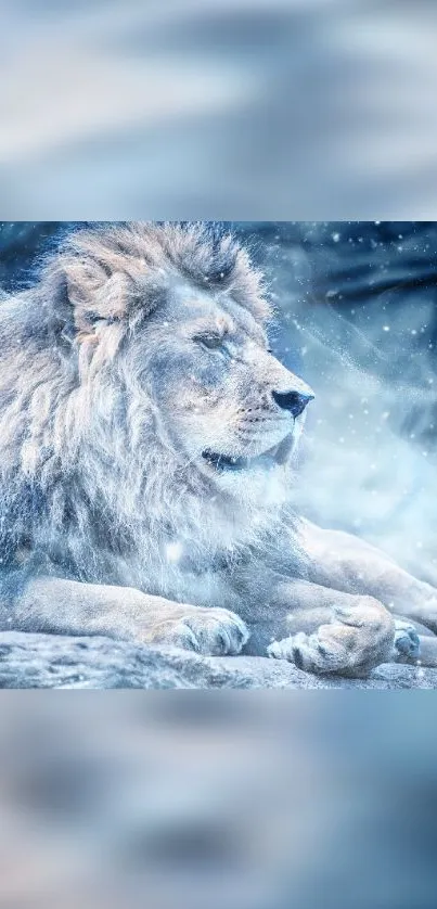 Majestic lion resting in snowy landscape, exuding strength and calm.