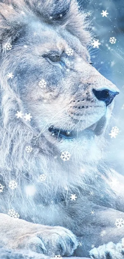 Majestic lion resting in a snowy winter landscape with soft snowflakes.