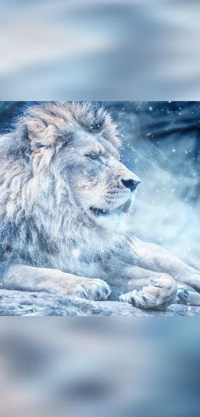 Majestic lion resting in a snowy, winter scene with falling snowflakes.