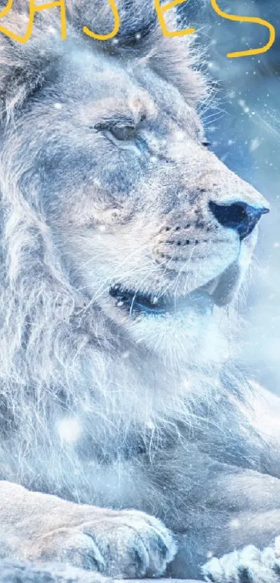 Peaceful lion resting in snow with blue tones.