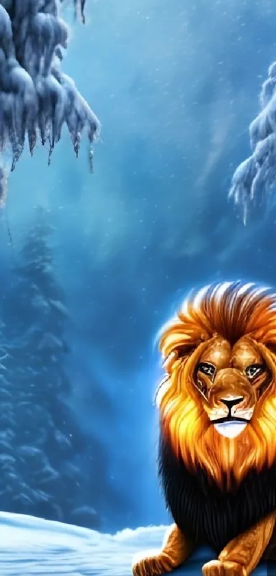A majestic lion rests in a snowy forest with an ice blue winter landscape.