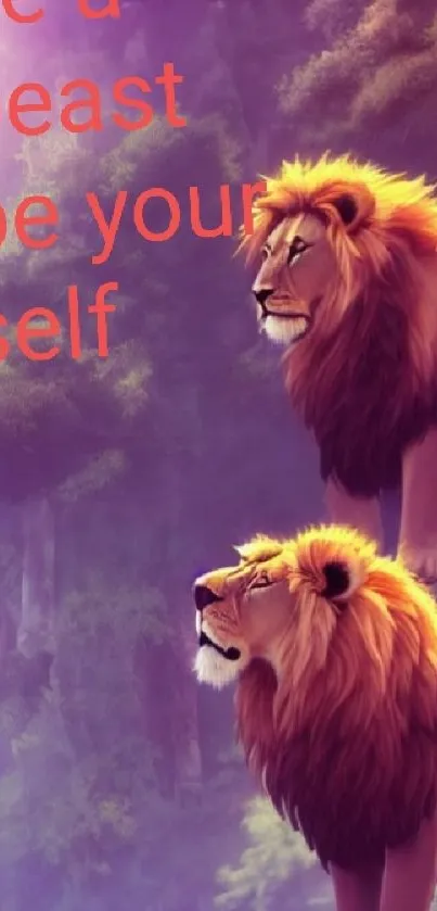 Two majestic lions with inspirational quote on purple background.
