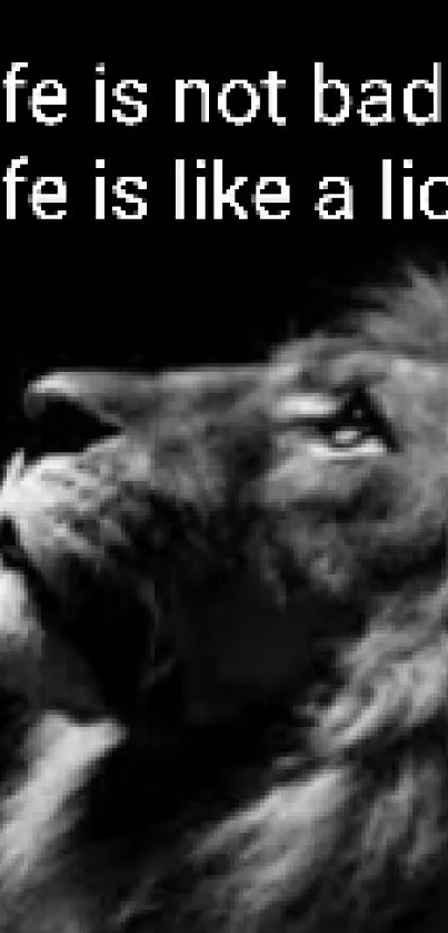 Black and white lion with inspirational text on dark background.