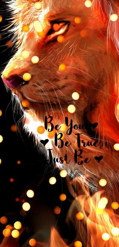 Vibrant orange lion with glowing lights and motivational quote.