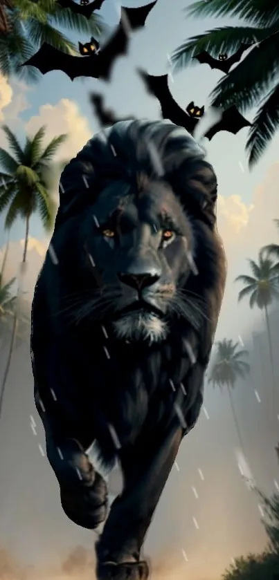 Majestic black lion in a jungle with flying bats.