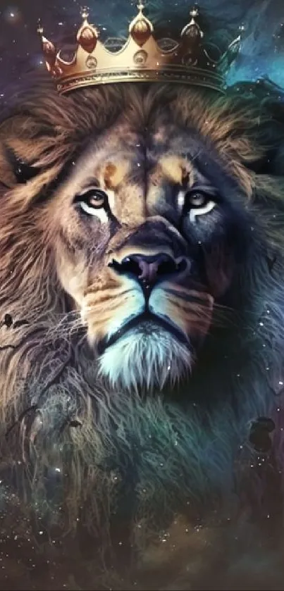 Majestic crown-wearing lion on cosmic background.