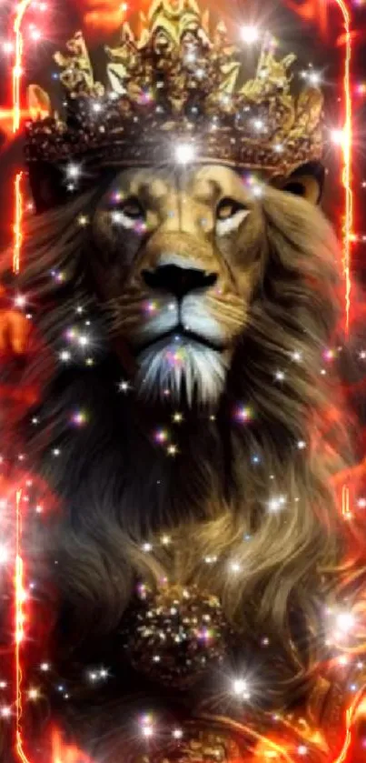 Regal lion wearing a golden crown with sparkling effects.