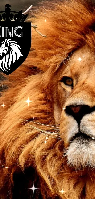 Majestic lion with a regal mane on a mobile wallpaper.