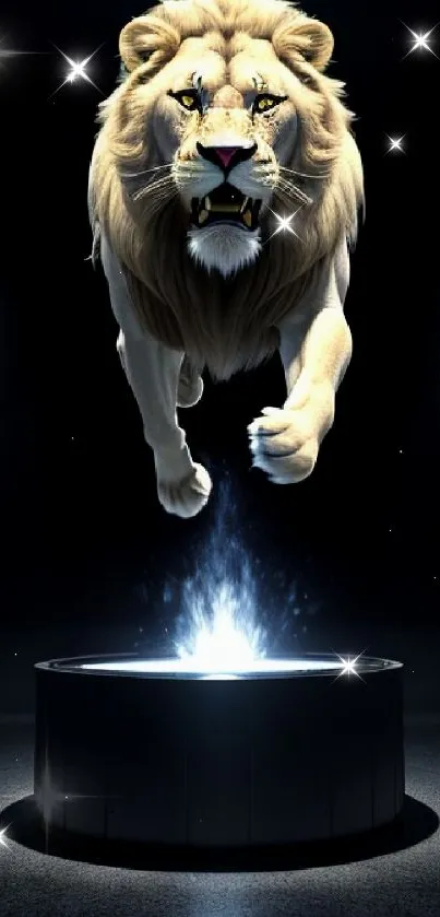 Majestic lion leaping above a radiant spotlight.