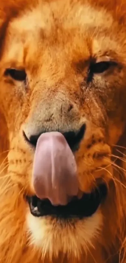 Close-up of a lion licking its nose with a golden mane.