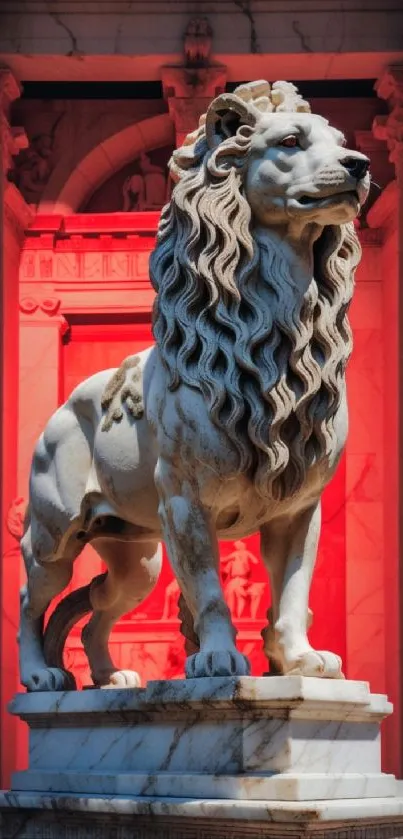 Majestic marble lion statue with red background.