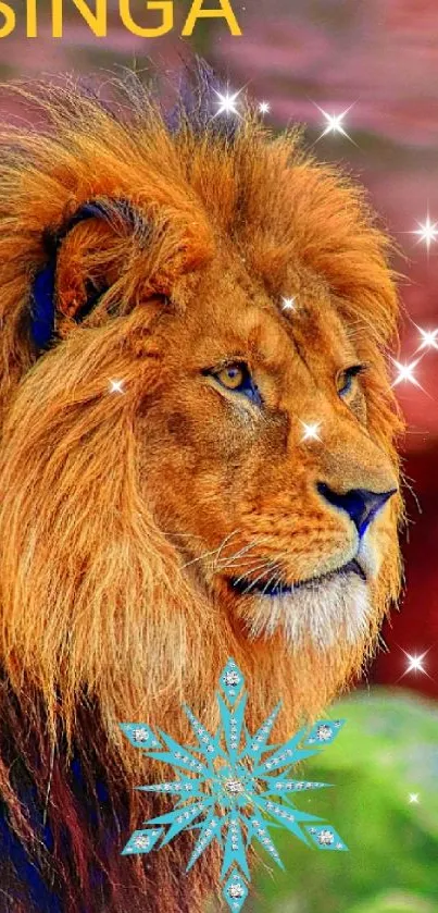 Majestic lion with vibrant mane on a colorful background.