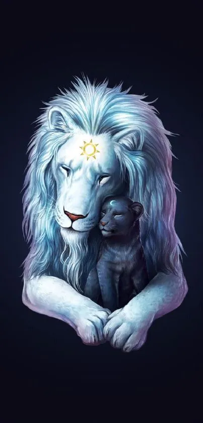 Majestic blue and white lion with cub on dark background.